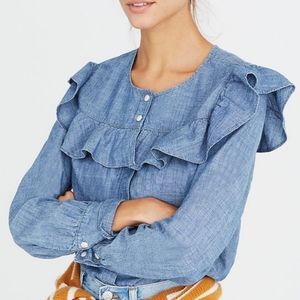 Madewell Chambray Denim Ruffle Yoke Top